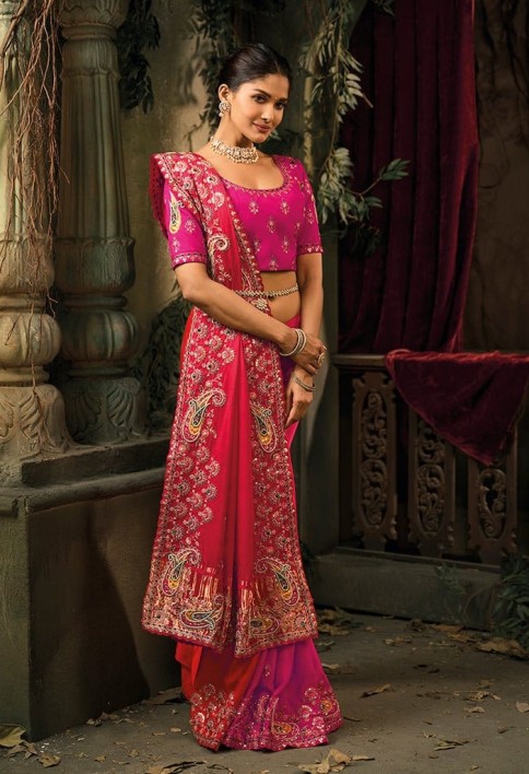 Pink Red Designer Embroidered Silk Saree with Heavy Border